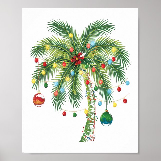 Póster Navidades tropicales Palm Tree con Luces y Ornam (Frente)