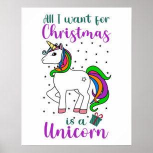 Póster Navidades unicornio mágico arcoiris verde púrpura 