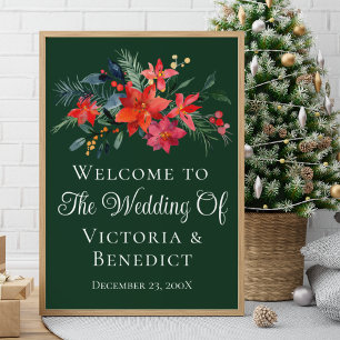Póster Navidades verdes Poinsettia Floral Welcome Boda