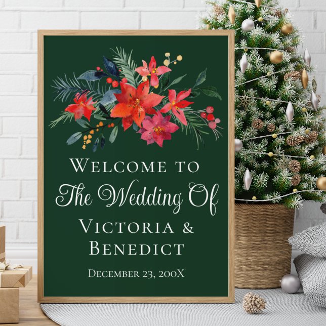 Póster Navidades verdes Poinsettia Floral Welcome Boda (Subido por el creador)