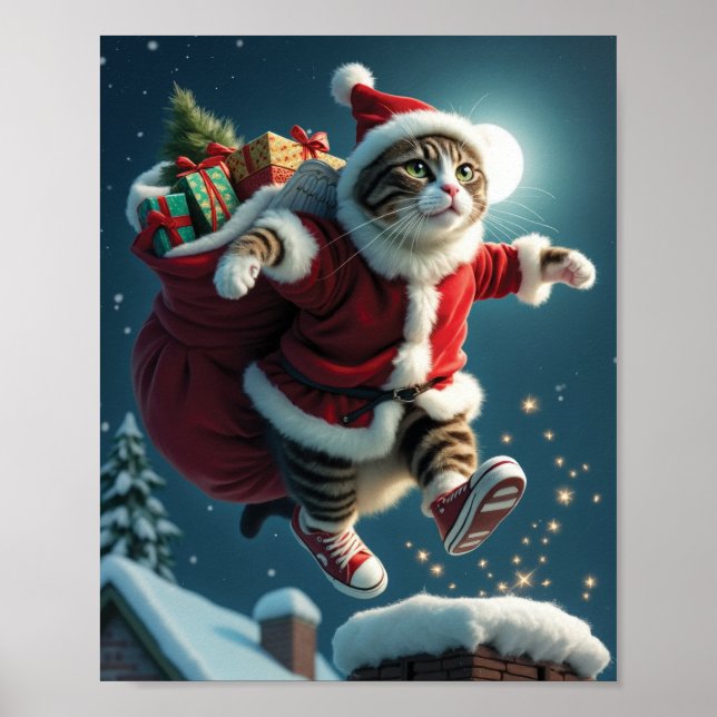 Póster Navidades voladores gato Santa con regalos y magia (Frente)