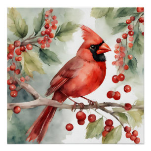 Póster Navidades Watercolor Cardenal rojo y Berries