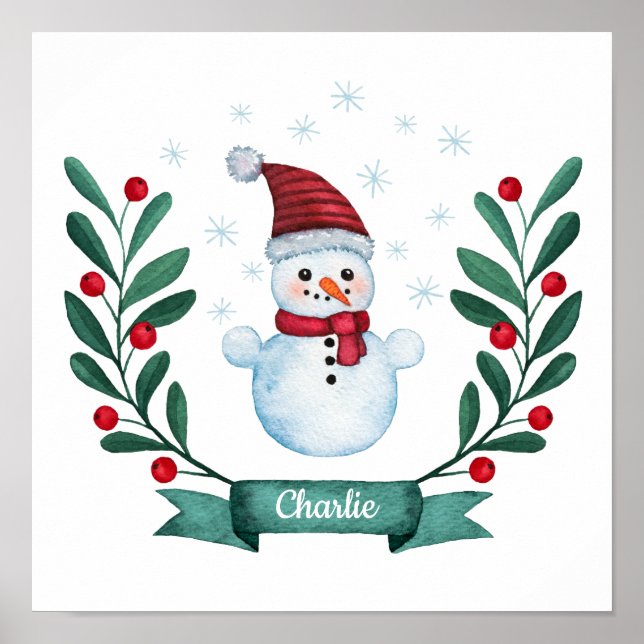 Póster Navidades Watercolor Snowman Personalizado (Frente)