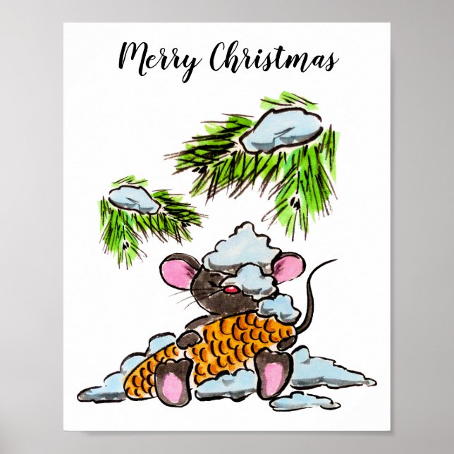 Póster Navidades y ratón de Año Nuevo con cono (Frente)