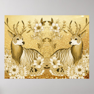 Póster Navideño Reno Floral Dorado