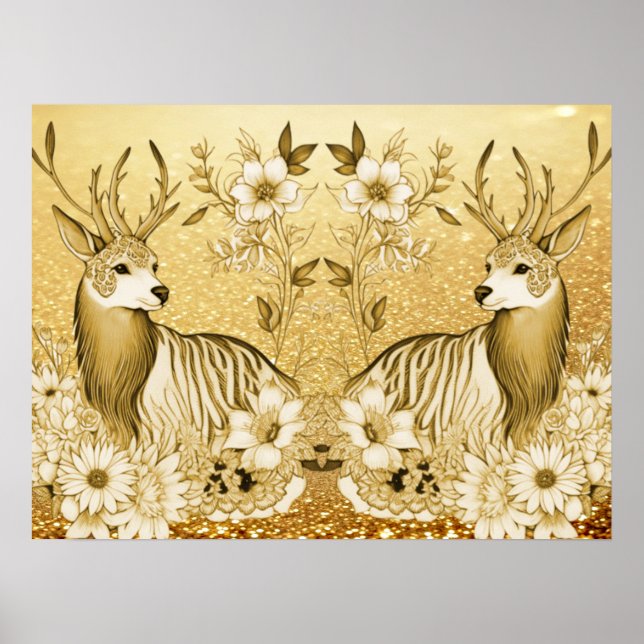 Póster Navideño Reno Floral Dorado (Frente)