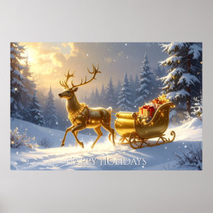 Póster navideño Trineo Dorado Reno Dorado