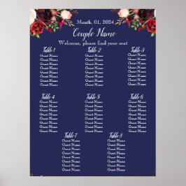 Póster Navy and Burgundy Floral Seating Chart