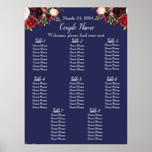 Póster Navy and Burgundy Floral Seating Chart