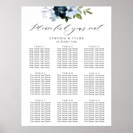 Póster navy and light blue floral wedding seating chart