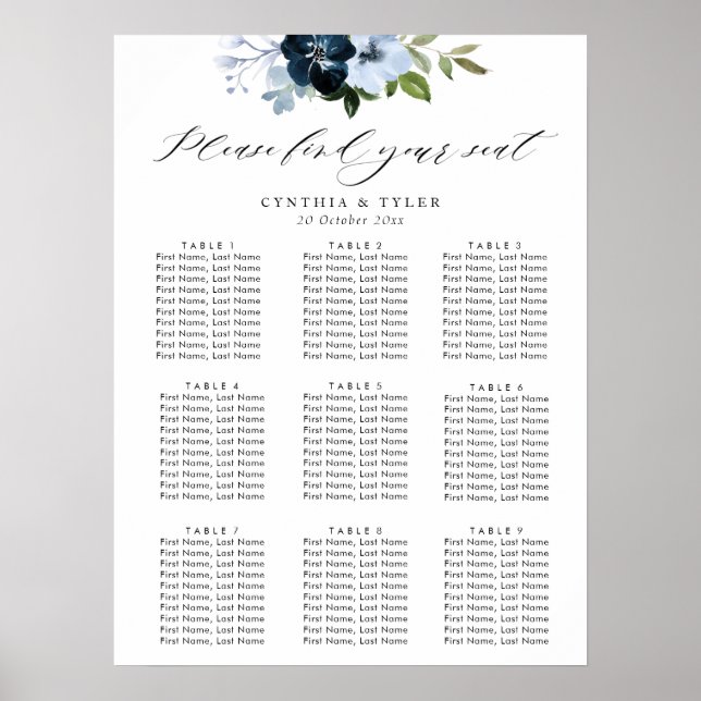 Póster navy and light blue floral wedding seating chart (Frente)