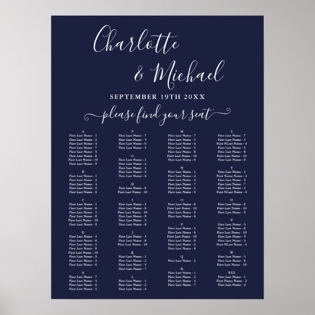 Póster Navy Blue Alphabetical Wedding Seating Chart (Frente)