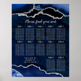 Póster Navy Blue and Silver Agate Wedding Seating Chart