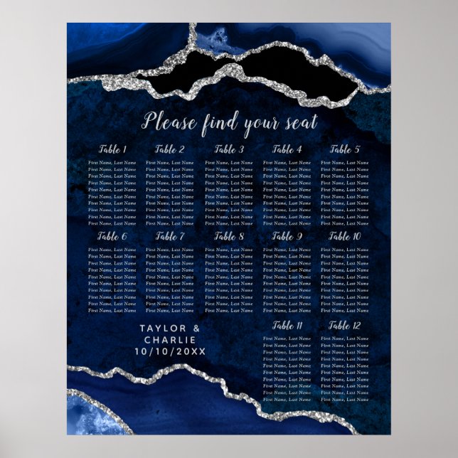 Póster Navy Blue and Silver Agate Wedding Seating Chart (Frente)