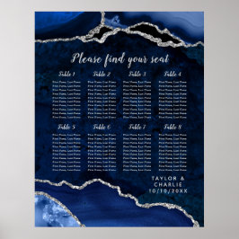 Póster Navy Blue and Silver Agate Wedding Seating Chart
