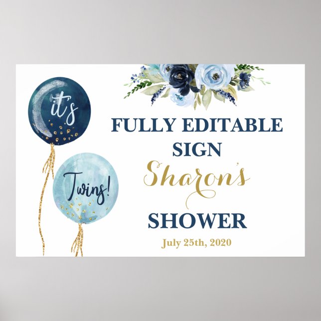 Póster Navy Blue balloons baby shower Twin boys sign (Frente)