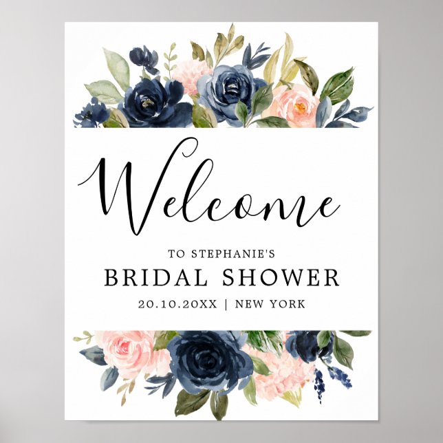 Póster Navy Blue Blush Pink Rose Bridal Shower Welcome (Frente)