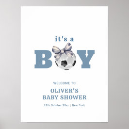 Póster Navy Blue Cute Bow Soccer Boy Baby Shower Welcome