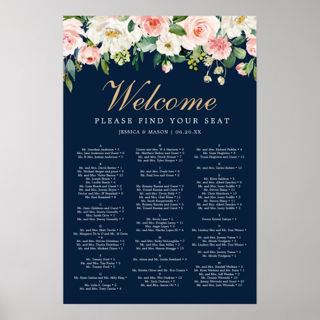 Póster Navy Blue Gold Blush Wedding Seating Chart Sign (Frente)