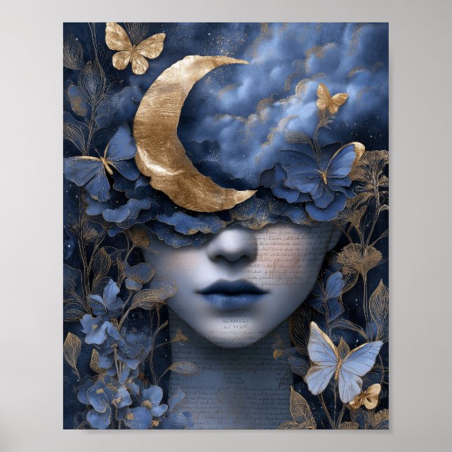 Póster Navy Blue Gold Fantasy Surreal Moon Woman Wall Art (Frente)