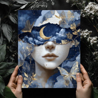 Póster Navy Blue Gold Fantasy Surreal Moon Woman Wall Art