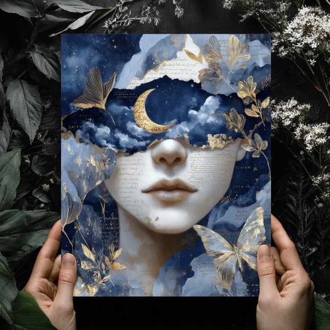 Póster Navy Blue Gold Fantasy Surreal Moon Woman Wall Art (Subido por el creador)