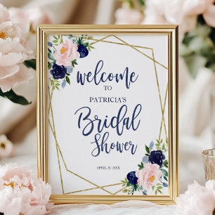 Póster Navy Blue Gold Floral Bridal Shower Welcome