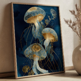 Póster Navy Blue& Gold Jellyfish Kintsugi Ink Art Ocean