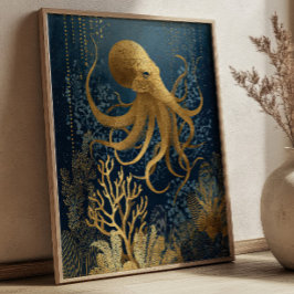 Póster Navy Blue& Gold Kintsugi Octopus Underwater