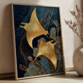 Póster Navy Blue& Gold Manta Rays Elegant Kintsugi Art