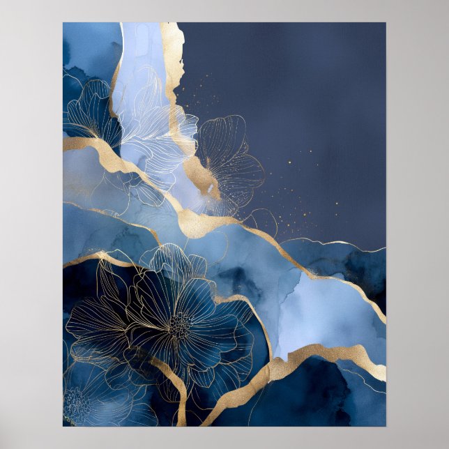 Póster Navy Blue Gold Modern Abstract Flowers Wall Art (Frente)