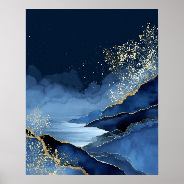 Póster Navy Blue Gold Modern Abstract Landscape Wall Art (Frente)
