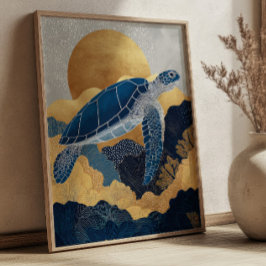 Póster Navy Blue& Gold Sea Turtle Kintsugi Underwater