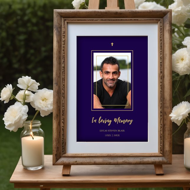 Póster Navy Blue & Golden Traditional Elegant Funeral (Navy Blue & Golden Traditional Elegant Funeral Photo Poster. )