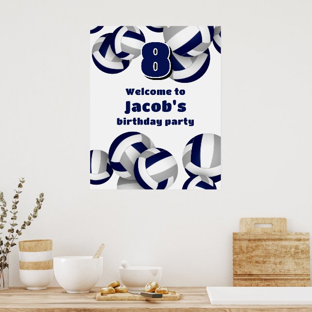 Póster navy blue gray volleyballs birthday party welcome (Cocina)