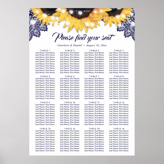Póster Navy Blue Lace Sunflower Wedding Seating Chart 16 (Frente)