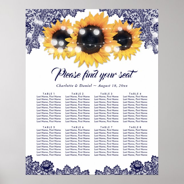 Póster Navy Blue Lace Sunflower Wedding Seating Chart 8 (Frente)