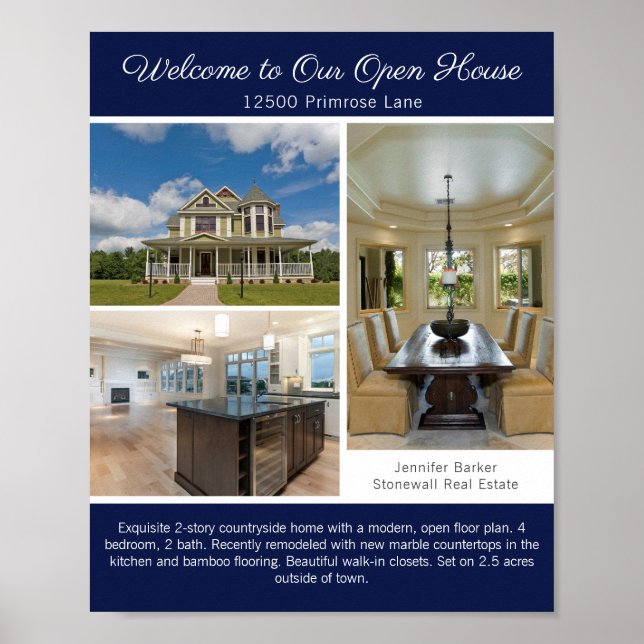 Póster Navy Blue Open House Welcome Real Estate Photo (Frente)
