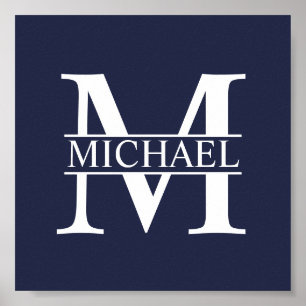 Póster Navy Blue Personalized Monogram and Name