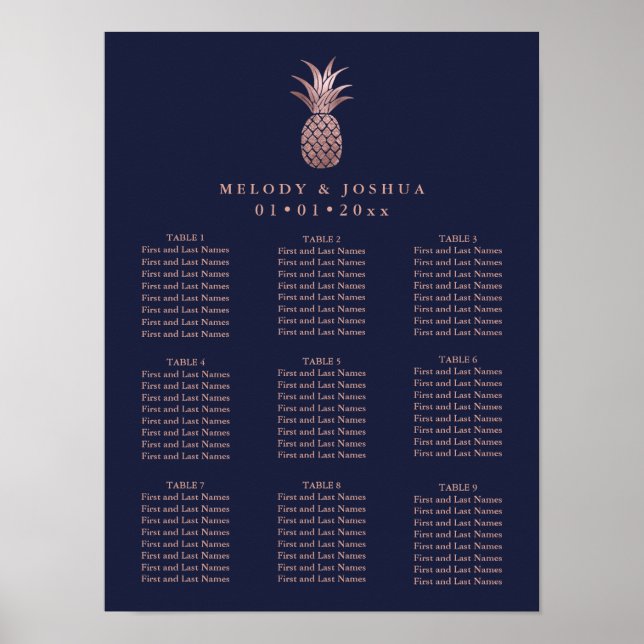 PÓSTER NAVY BLUE ROSA GOLD PINEAPPLE SILLERO GRÁFICO (Frente)