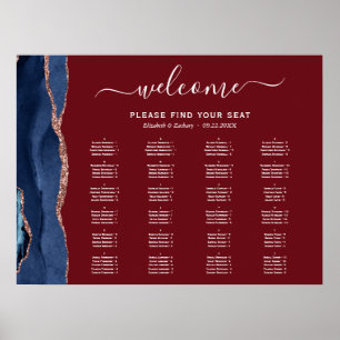 Póster Navy Blue Rose Gold Agate Burgundy Wedding Seating