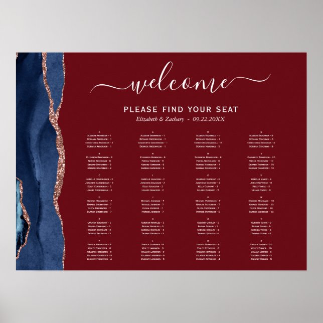 Póster Navy Blue Rose Gold Agate Burgundy Wedding Seating (Frente)