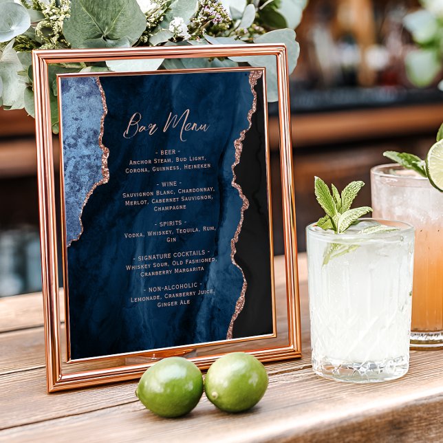 Póster Navy Blue Rose Gold Agate Script Wedding Bar Menu  (Subido por el creador)