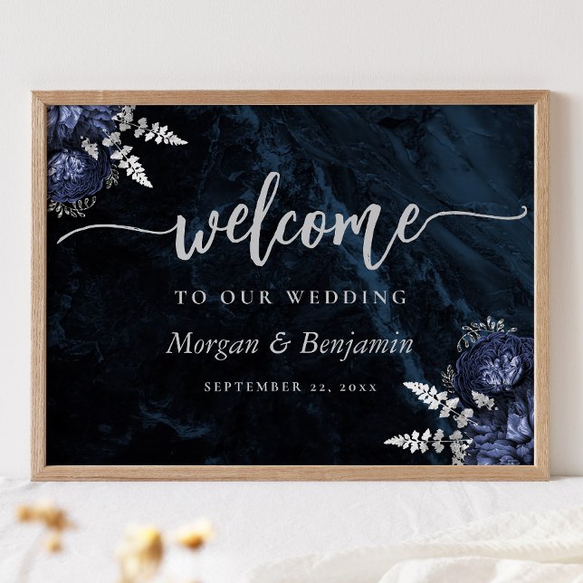 Póster Navy Blue Silver Floral Wedding Welcome (Subido por el creador)