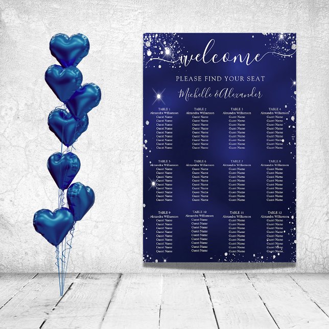 Póster Navy blue silver glitter wedding seating chart (Subido por el creador)