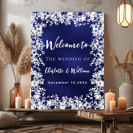Póster Navy blue snowflakes wedding welcome sign