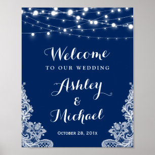 Póster Navy Blue String ilumina Rótulo Boda de encaje bla