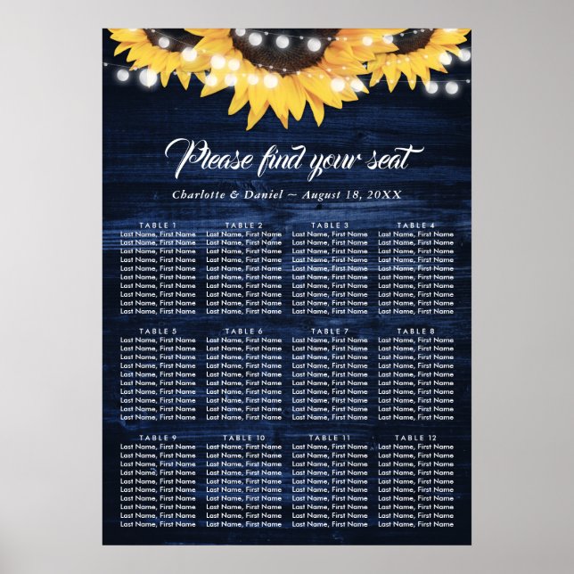 Póster Navy Blue Sunflower Rustic Wood Seating Chart 12 (Frente)