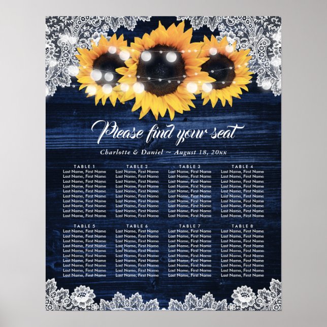 Póster Navy Blue Wood Lace Sunflower Rustic Seating Chart (Frente)
