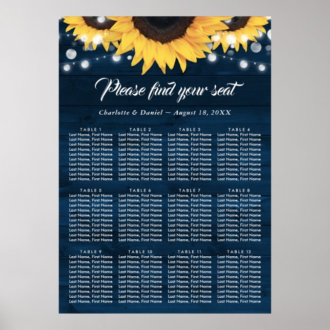 Póster Navy Blue Wood Sunflower Wedding Seating Chart 12 (Frente)